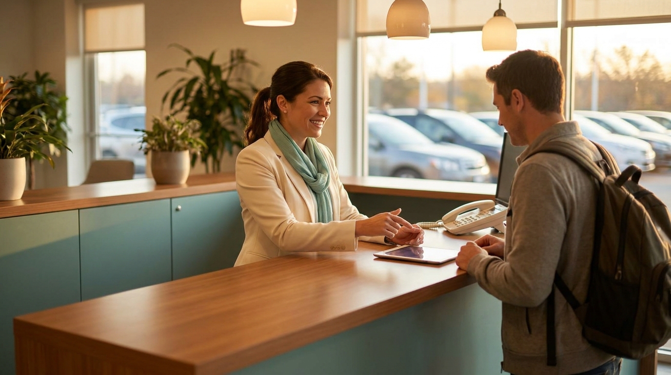 A car-rental agent at the branch counter helping a customer while the phone is handled