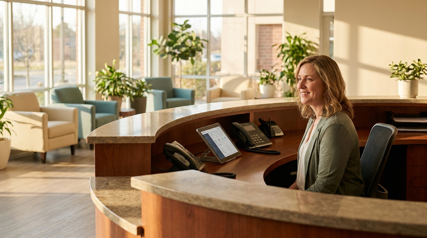 A calm front-desk professional at a larger multi-line reception desk