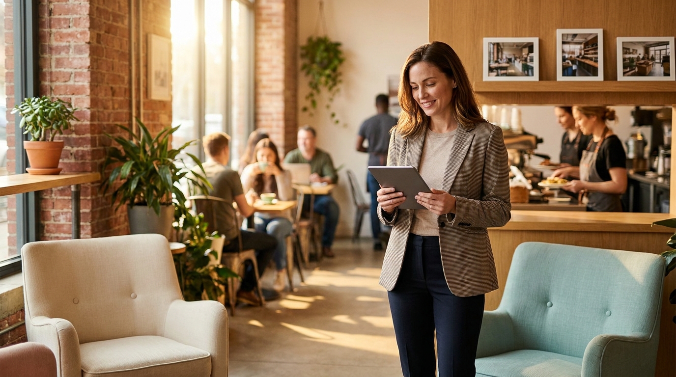 An operations manager reviewing a tablet while a busy location runs smoothly