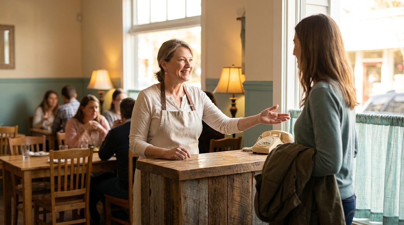 A restaurant host greeting a guest at the door while the phone is handled